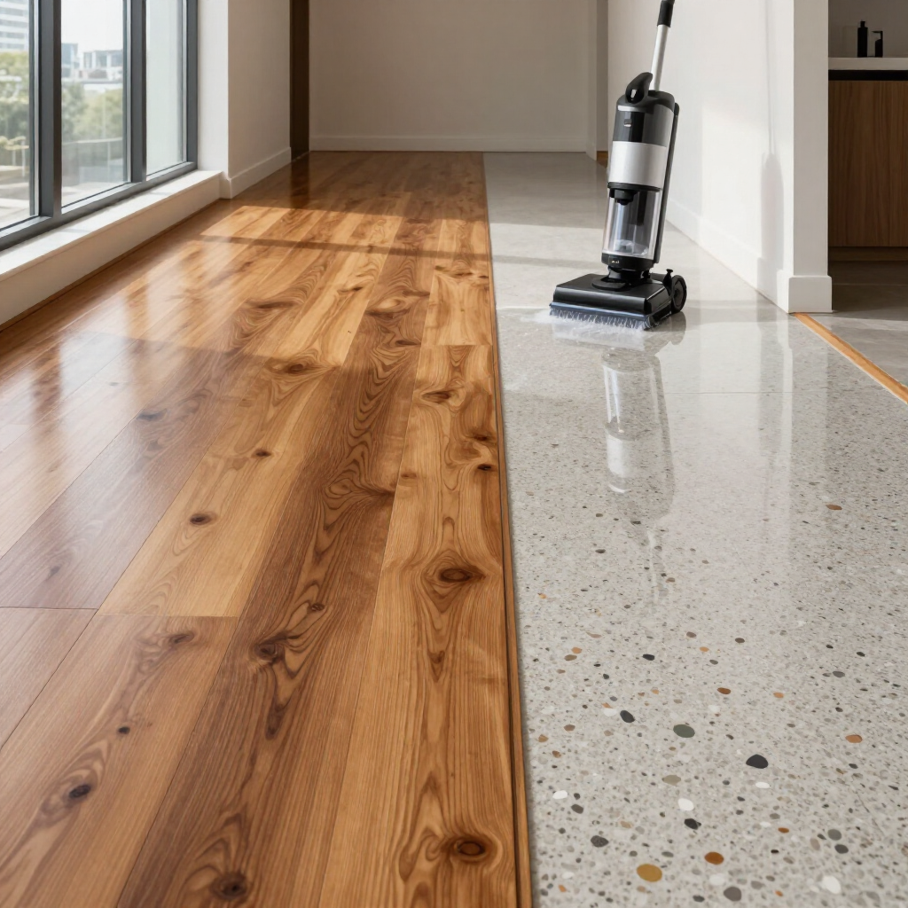Vacuum cleaner on a hardwood and speckled terrazzo floor beside a sunlit window