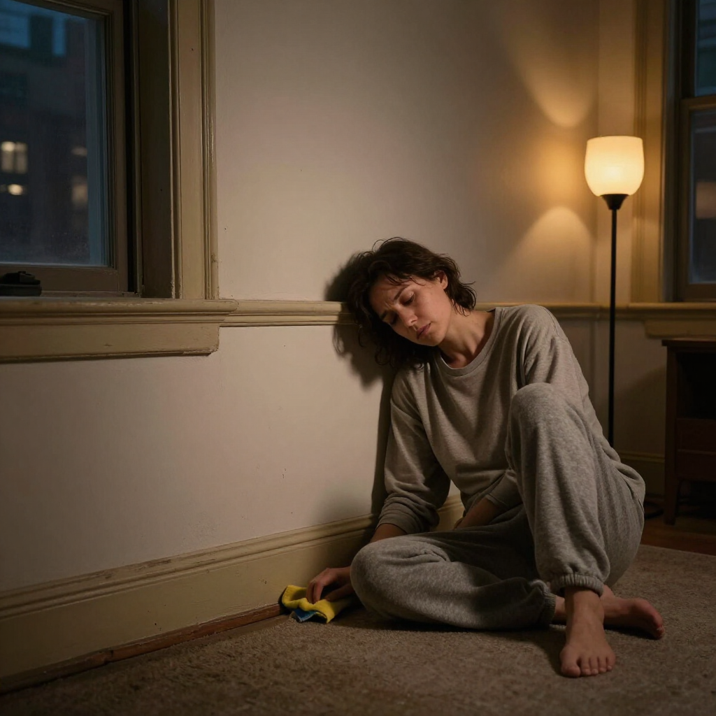 Person sitting on a carpeted floor in a dim room beside a lit floor lamp, head resting on one hand.