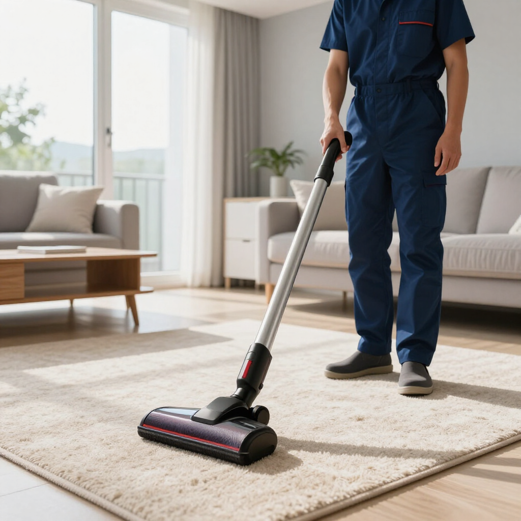 Vacuuming a beige rug in a bright living room with a cordless stick vacuum