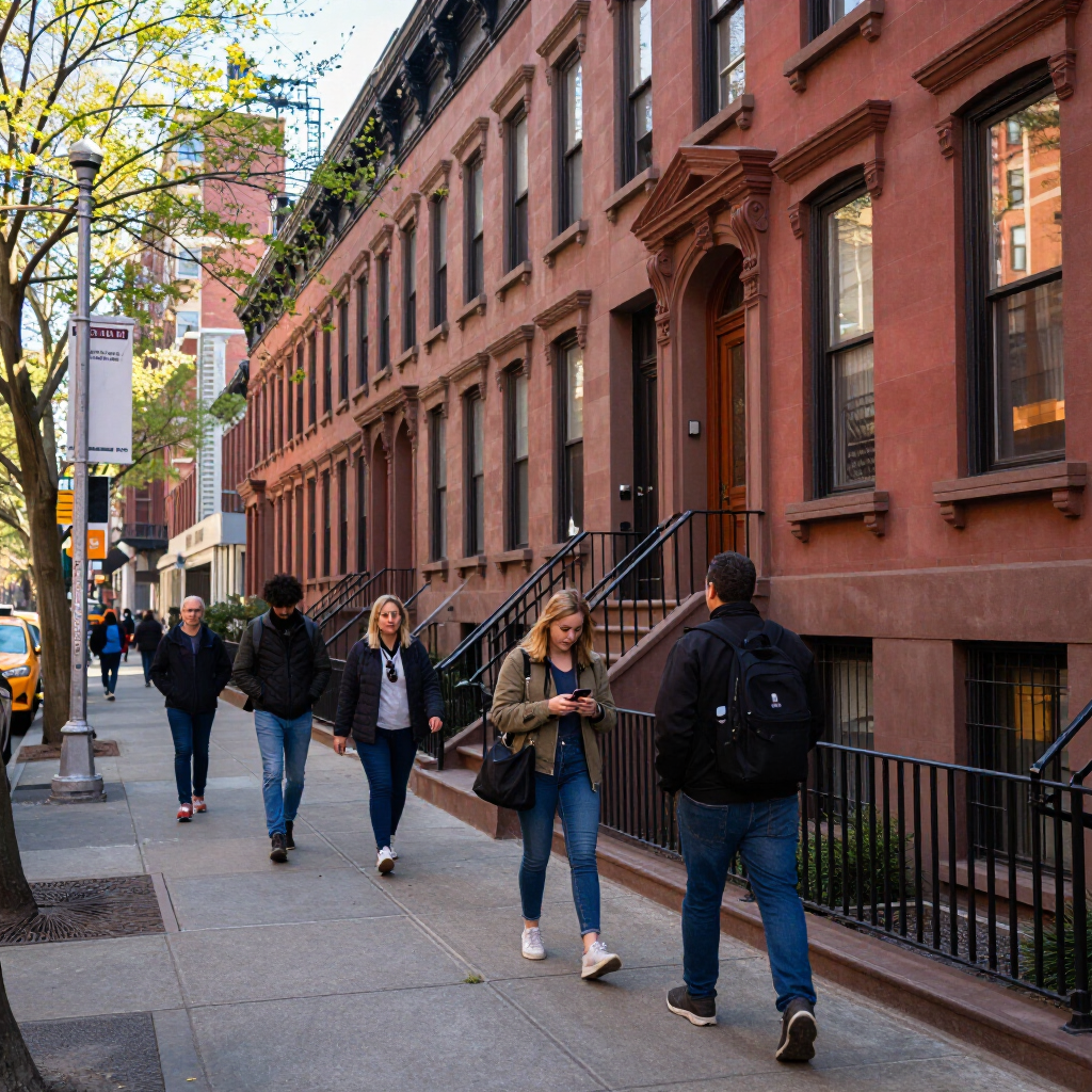 Pedestrians walking on a tree-lined city sidewalk beside red-brick townhouses in autumn