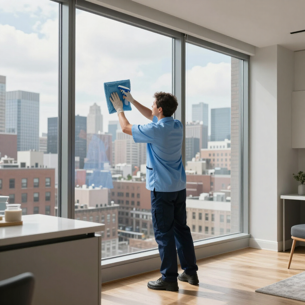 Person cleaning a large window in a modern apartment with city skyline outside