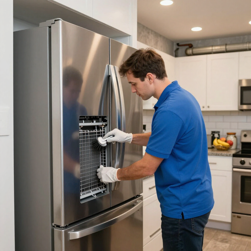 Technician in blue shirt repairing a stainless steel refrigerator in a kitchen.