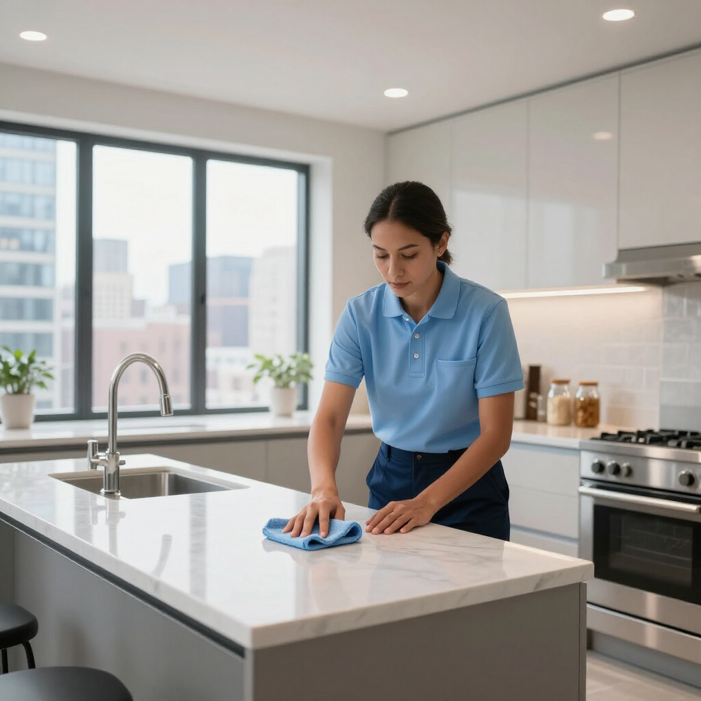 Woman wiping a white kitchen island in a bright modern kitchen.