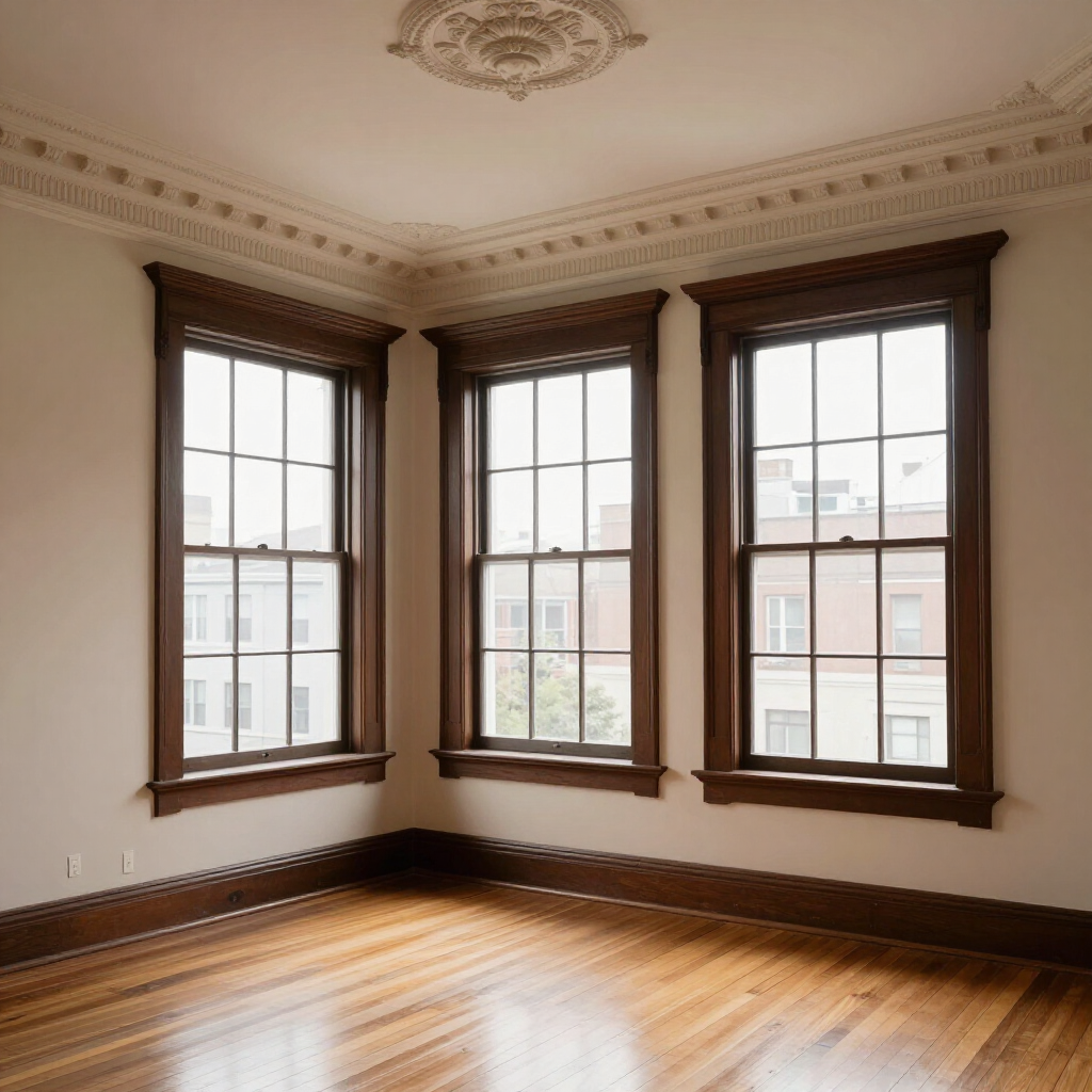 Empty sunlit room with hardwood floors and three large windows with dark wood trim.