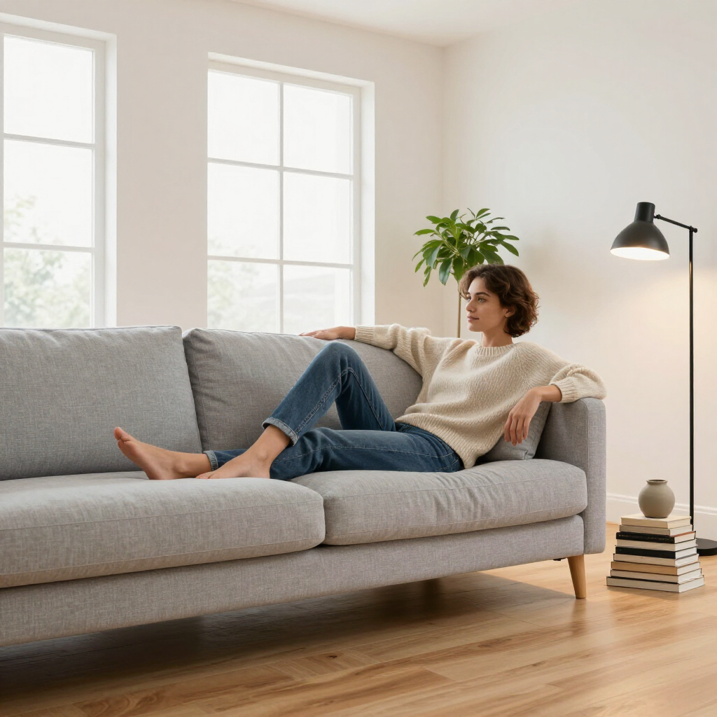 Woman relaxing on a gray sofa in a bright living room with wood floors and a floor lamp