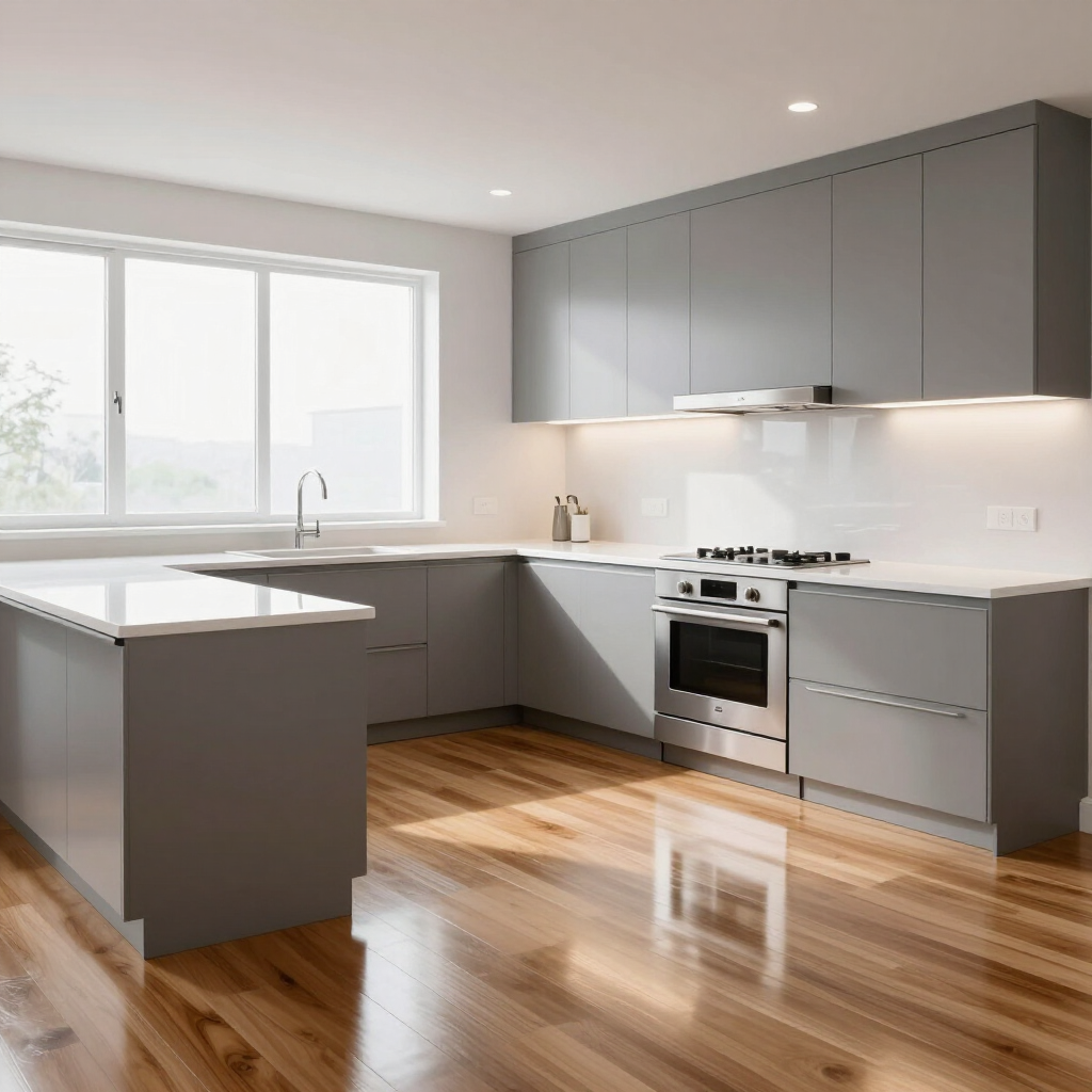 Modern gray kitchen with island, large window, stainless steel stove, and polished wood floors