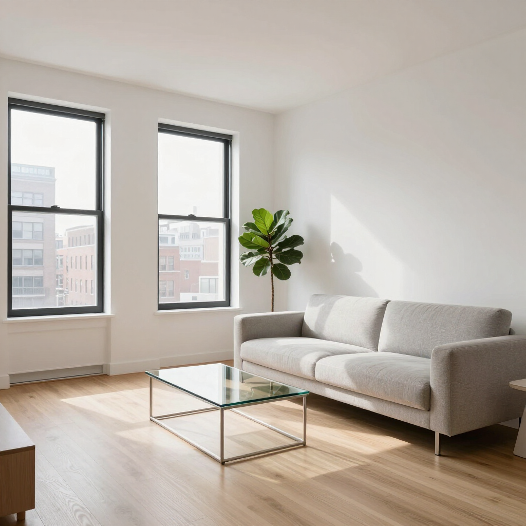 Bright modern living room with a gray sofa, glass coffee table, large windows, and a potted plant