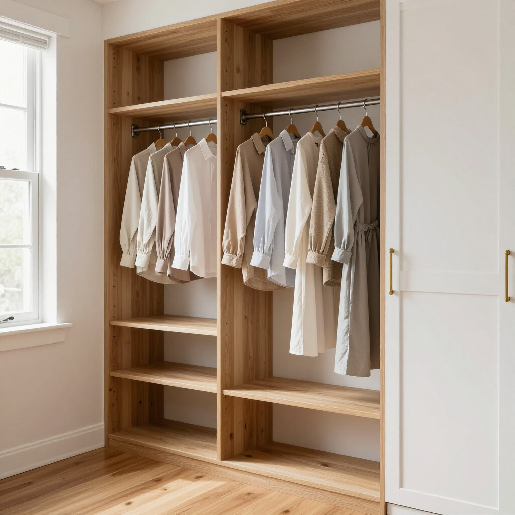 Built-in wooden wardrobe with hanging white shirts and shelves in a bright closet room