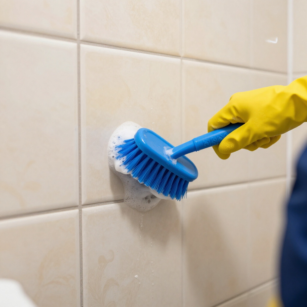 Gloved hand scrubbing beige bathroom tiles with a blue brush and white foam