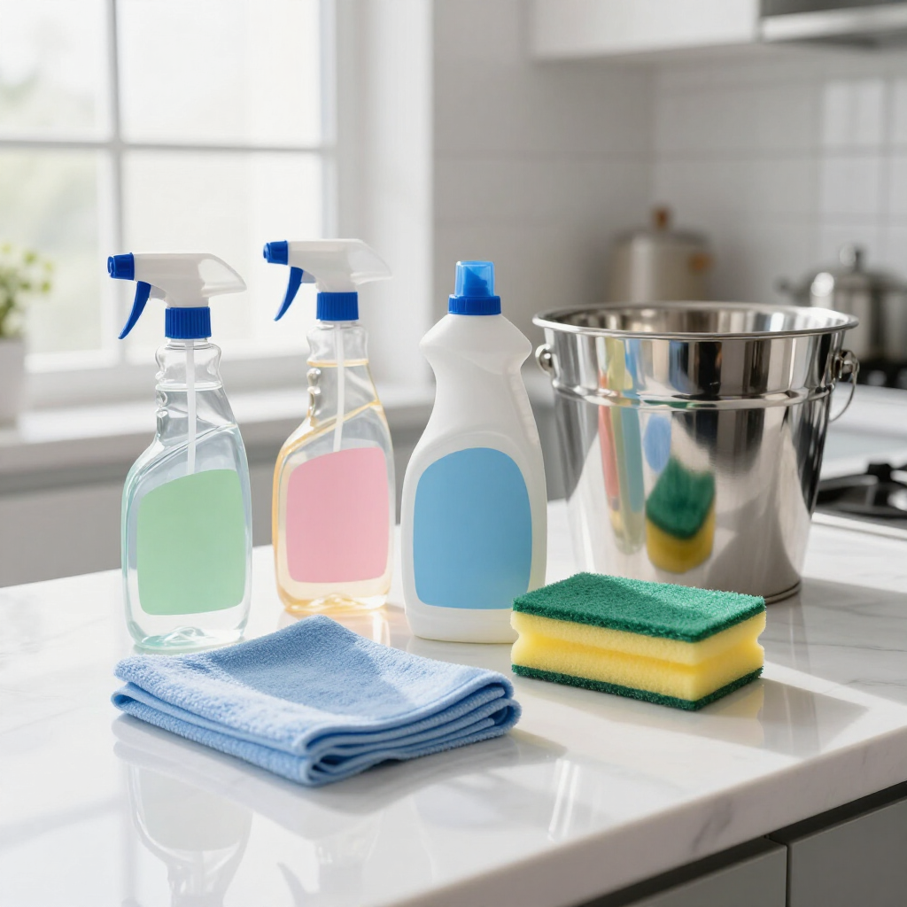 Cleaning supplies on a kitchen counter: spray bottles, detergent, sponges, cloths, and a metal bucket.