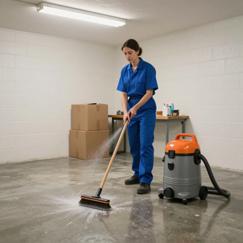 Person mopping a concrete floor in a storage room beside boxes and a vacuum cleaner.