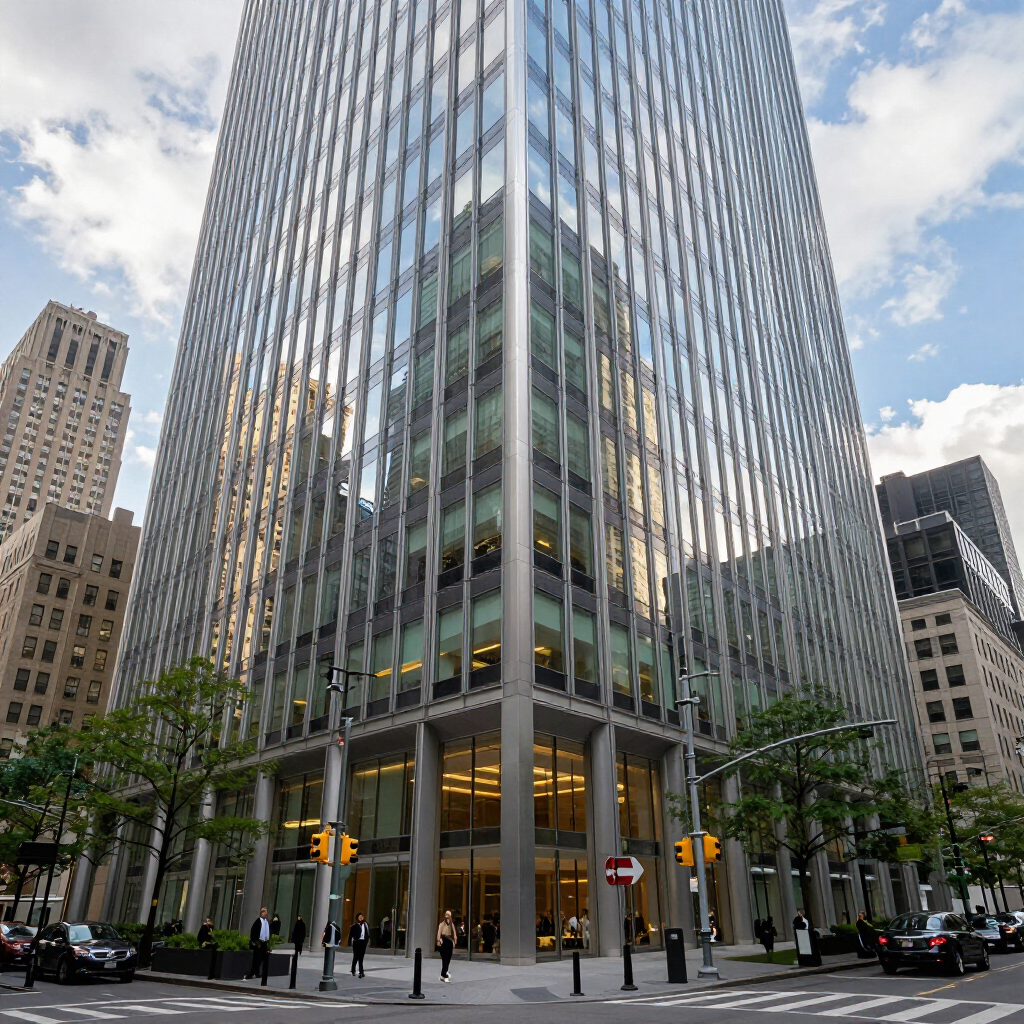 Glass office tower at a city intersection, with trees, traffic lights, and pedestrians below.