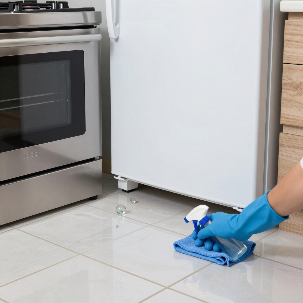 Gloved hand cleaning a kitchen floor beside a white refrigerator and stainless steel oven