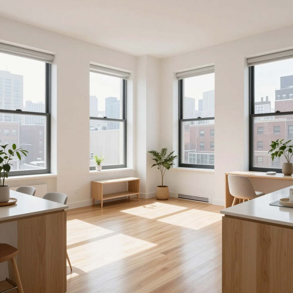 Bright sunlit modern office with large windows, wood desks, and potted plants.