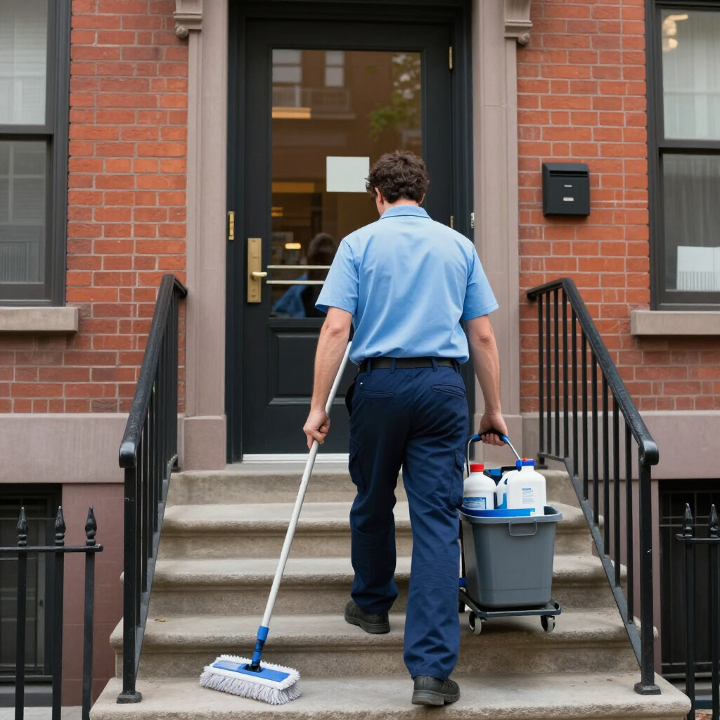 Janitor in blue uniform mopping steps outside a brick building