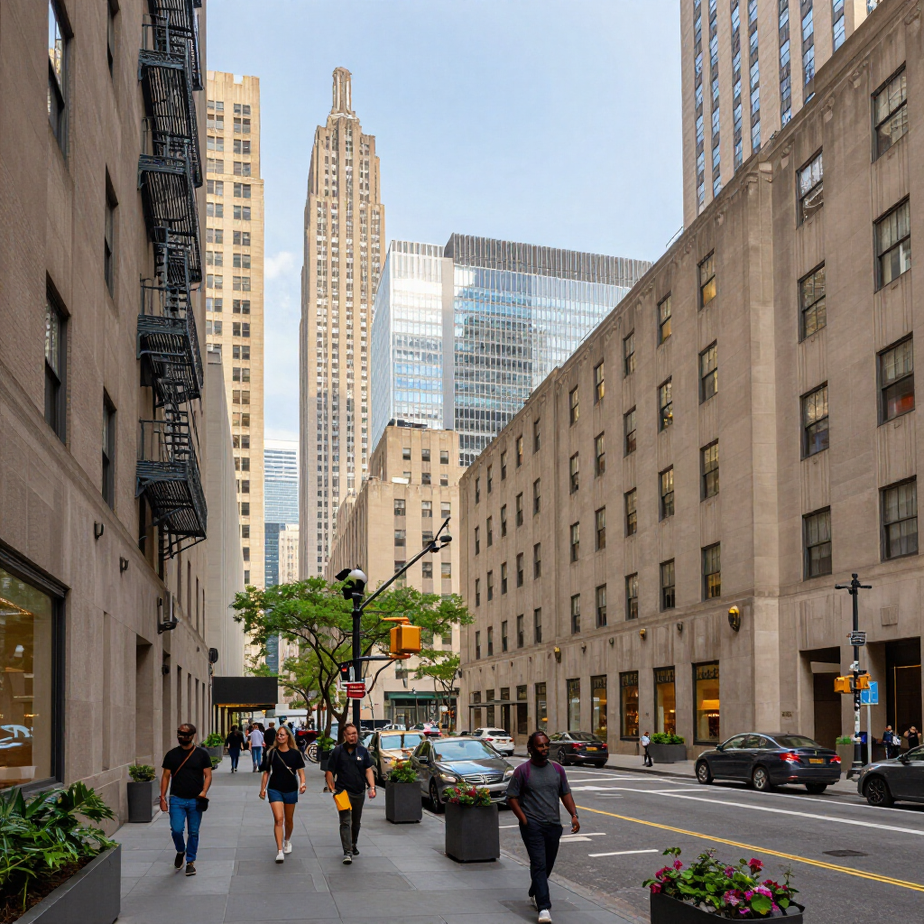 Pedestrians and cars on a city street with tall buildings and planters on a sunny day