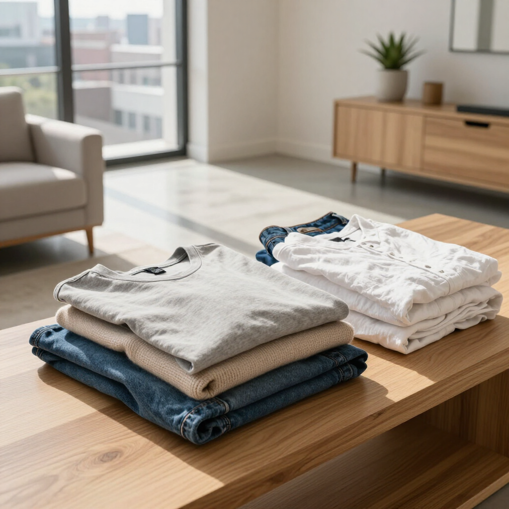 Folded sweaters and shirts stacked on a wooden table in a bright living room.