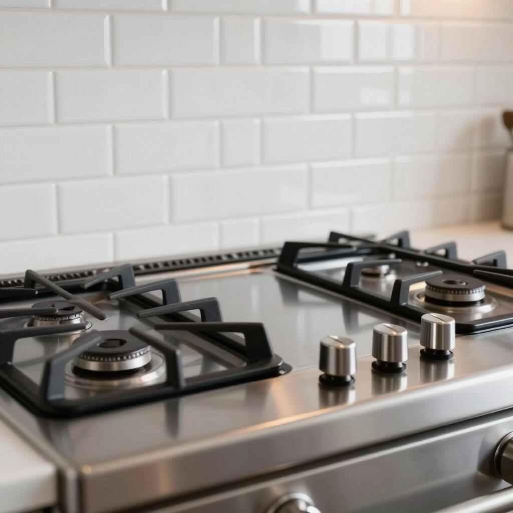 Stainless steel gas stove with black grates and knobs against a white tile backsplash