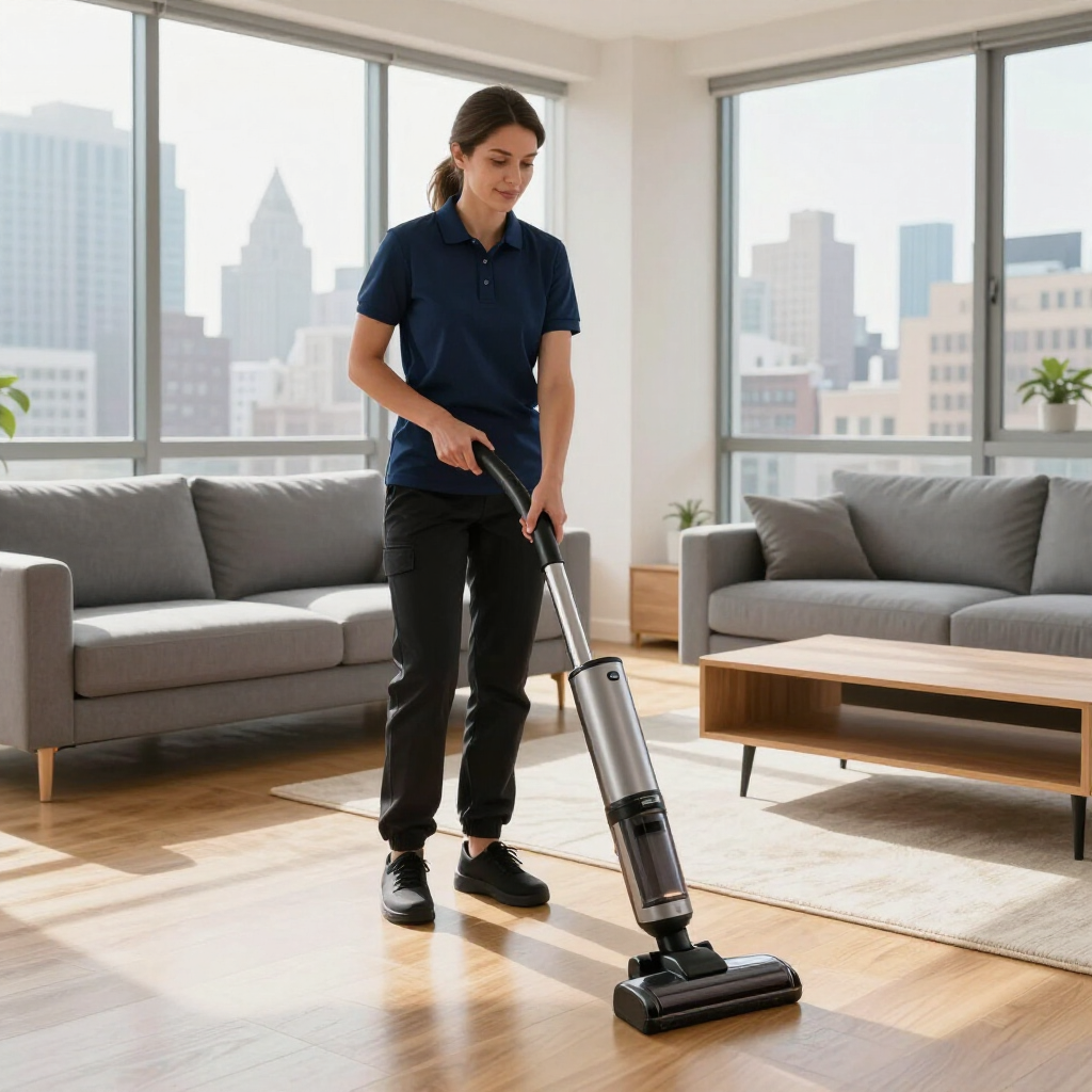Person vacuuming a sunlit living room with large windows and gray sofas