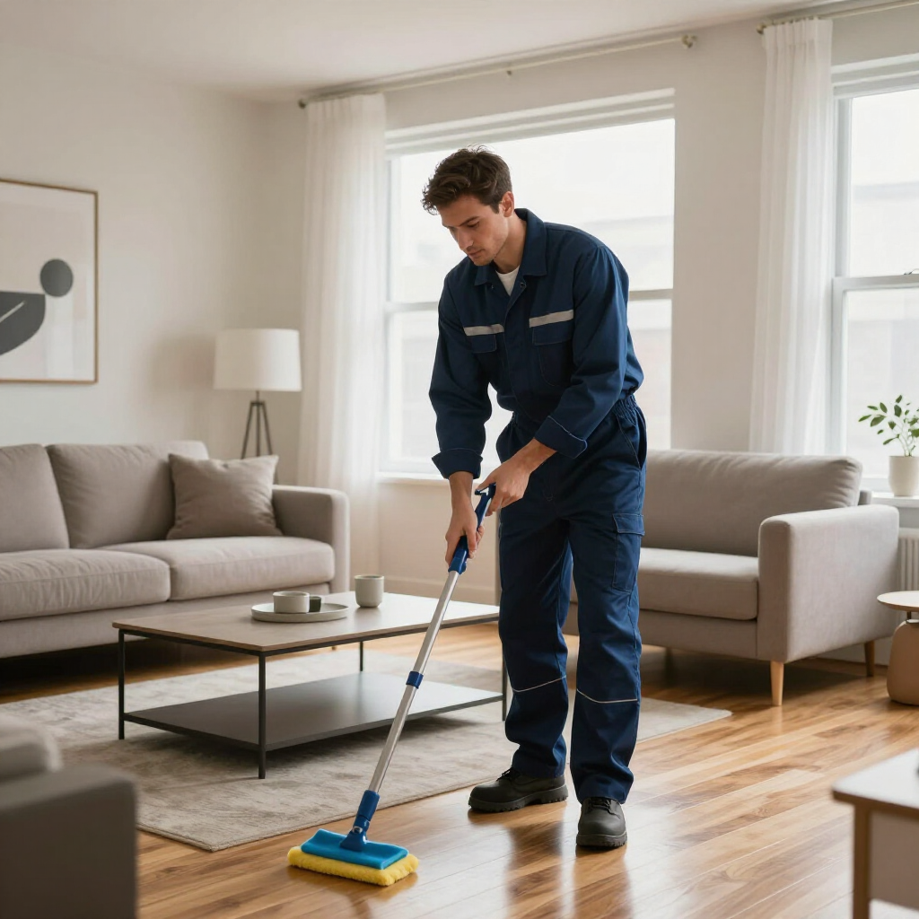 Person mopping a bright living room with beige sofas and a coffee table