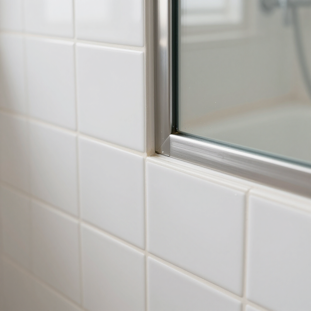 White tiled bathroom wall with a glass shower door frame