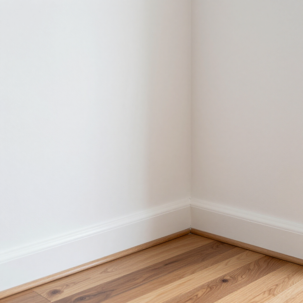 Empty room corner with white walls, baseboards, and light wood flooring