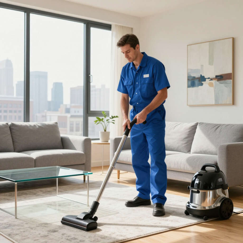 Cleaner vacuuming a bright living room beside a couch and city windows