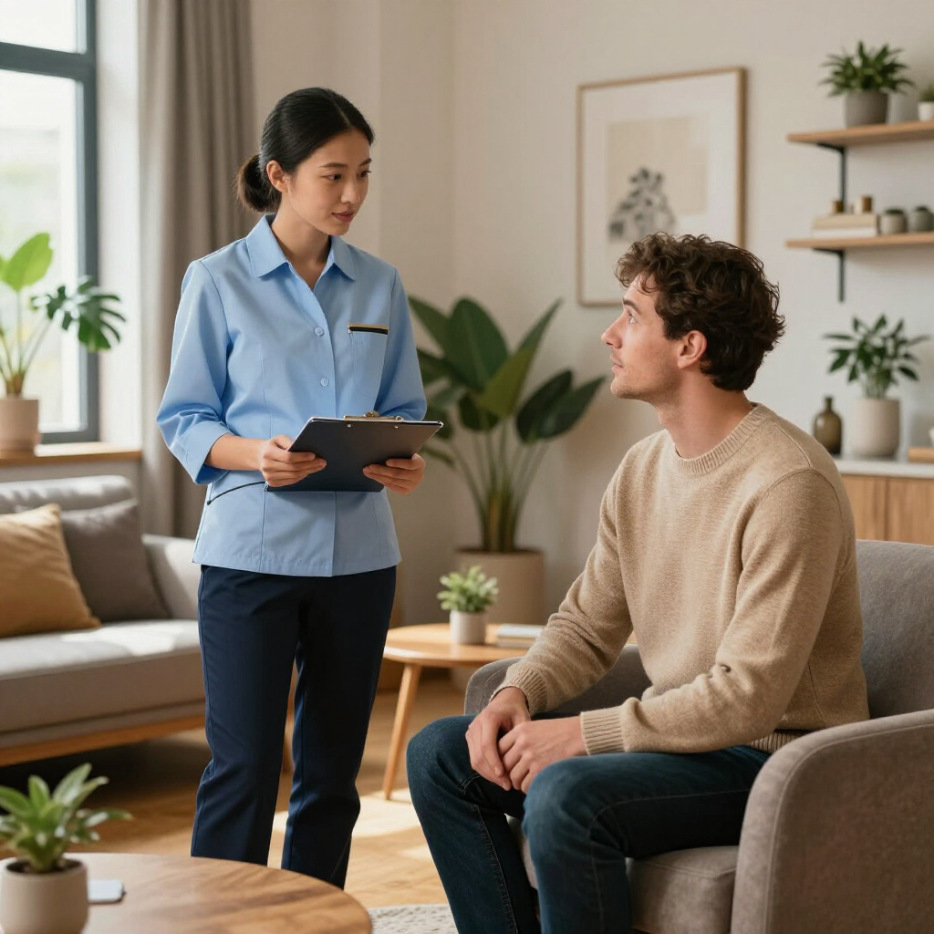 Woman holding a tablet talks with seated man in a bright living room.