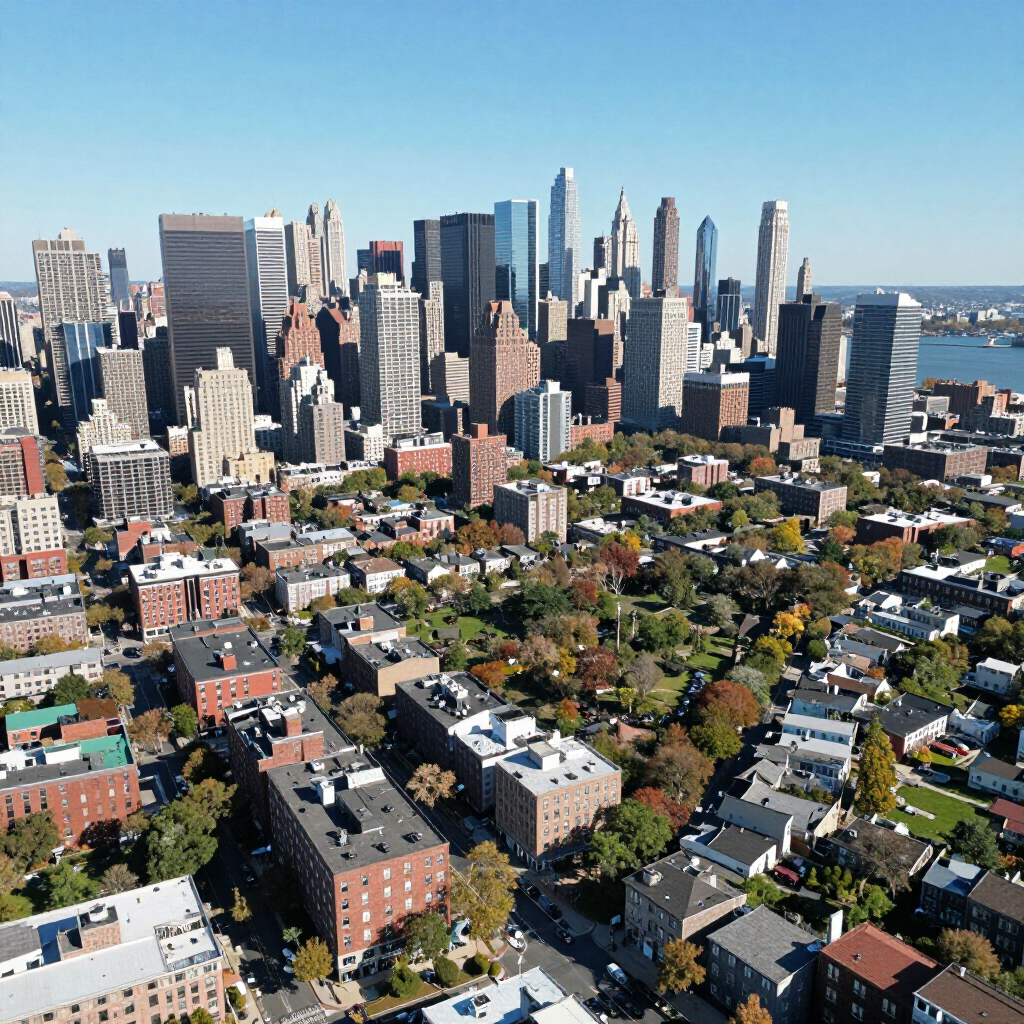 Aerial view of a city skyline above a dense neighborhood with trees and rooftops on a sunny day