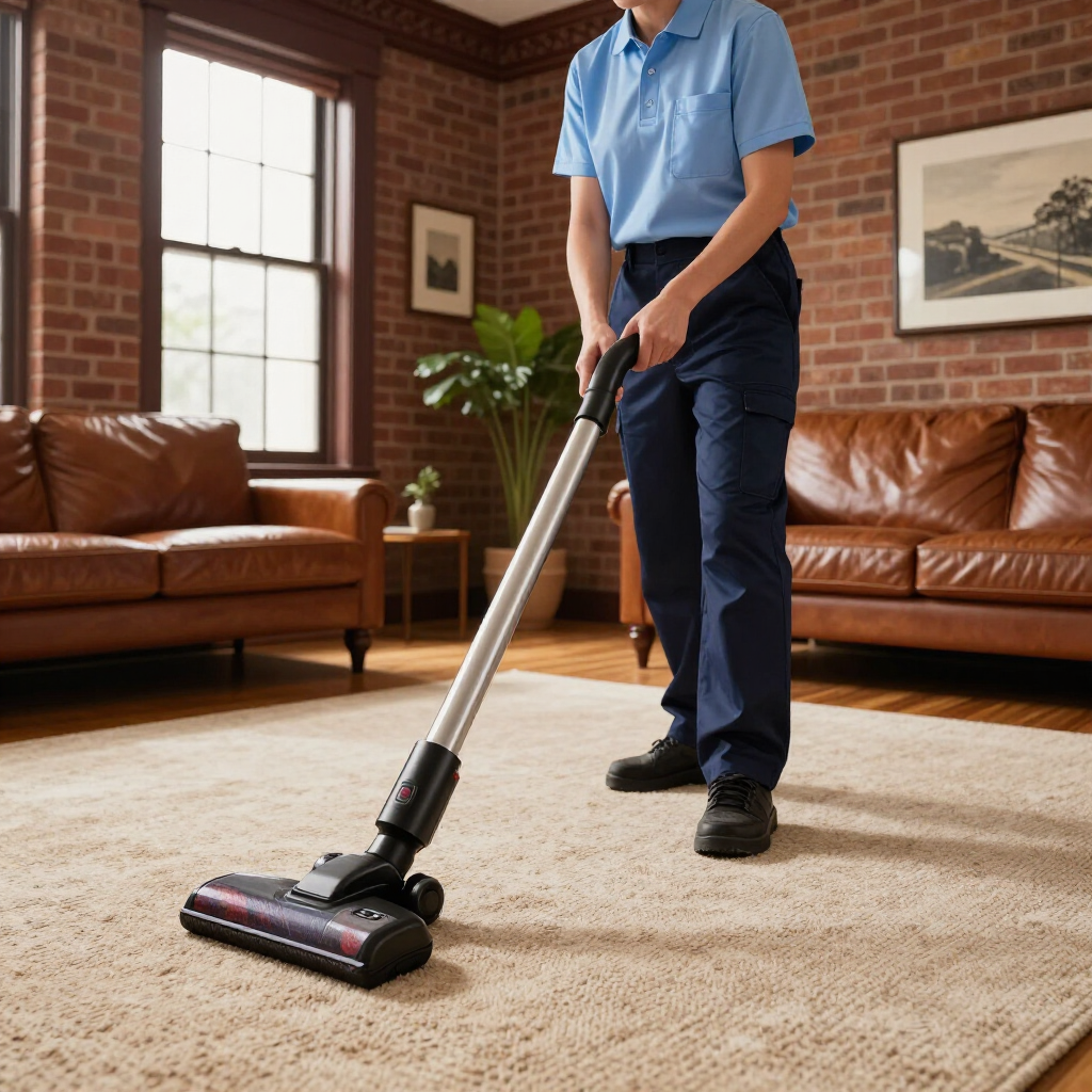 Person vacuuming a beige carpet in a living room with leather sofas and brick walls