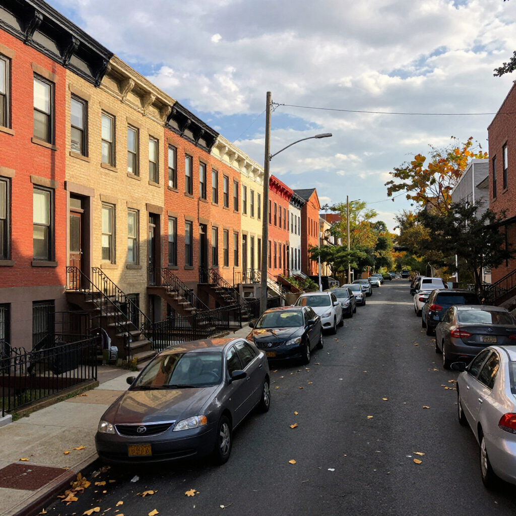 Row of brick townhouses along a quiet street with parked cars under a cloudy sky