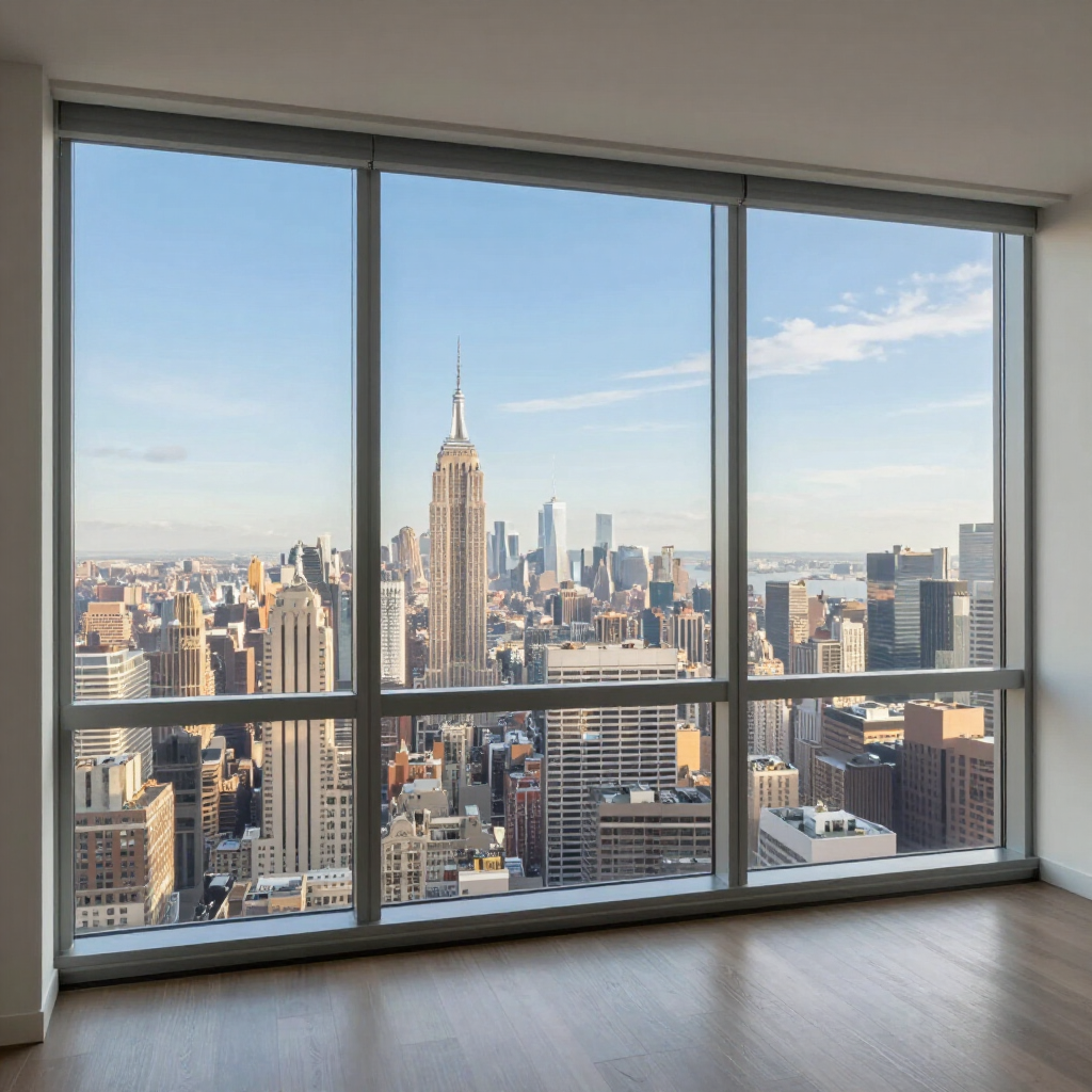 Panoramic city skyline through large floor-to-ceiling windows, with the Empire State Building centered.