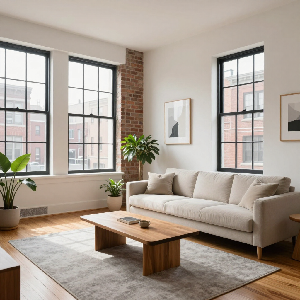Bright modern living room with beige sofa, wooden coffee table, rug, large windows, and brick accent wall