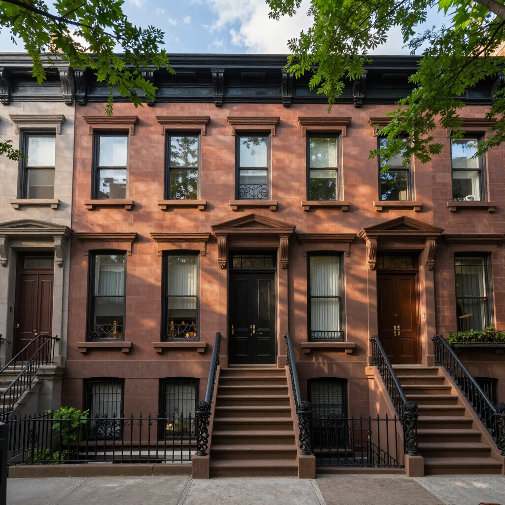 Brown brick row houses with stoops and black iron railings on a tree-lined city street