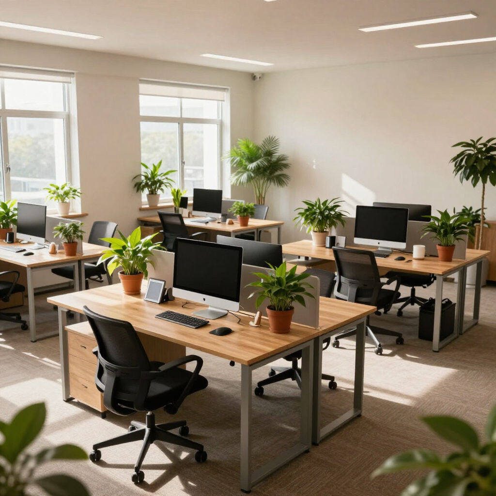 Bright modern open office with desks, computers, chairs, and potted plants near large windows