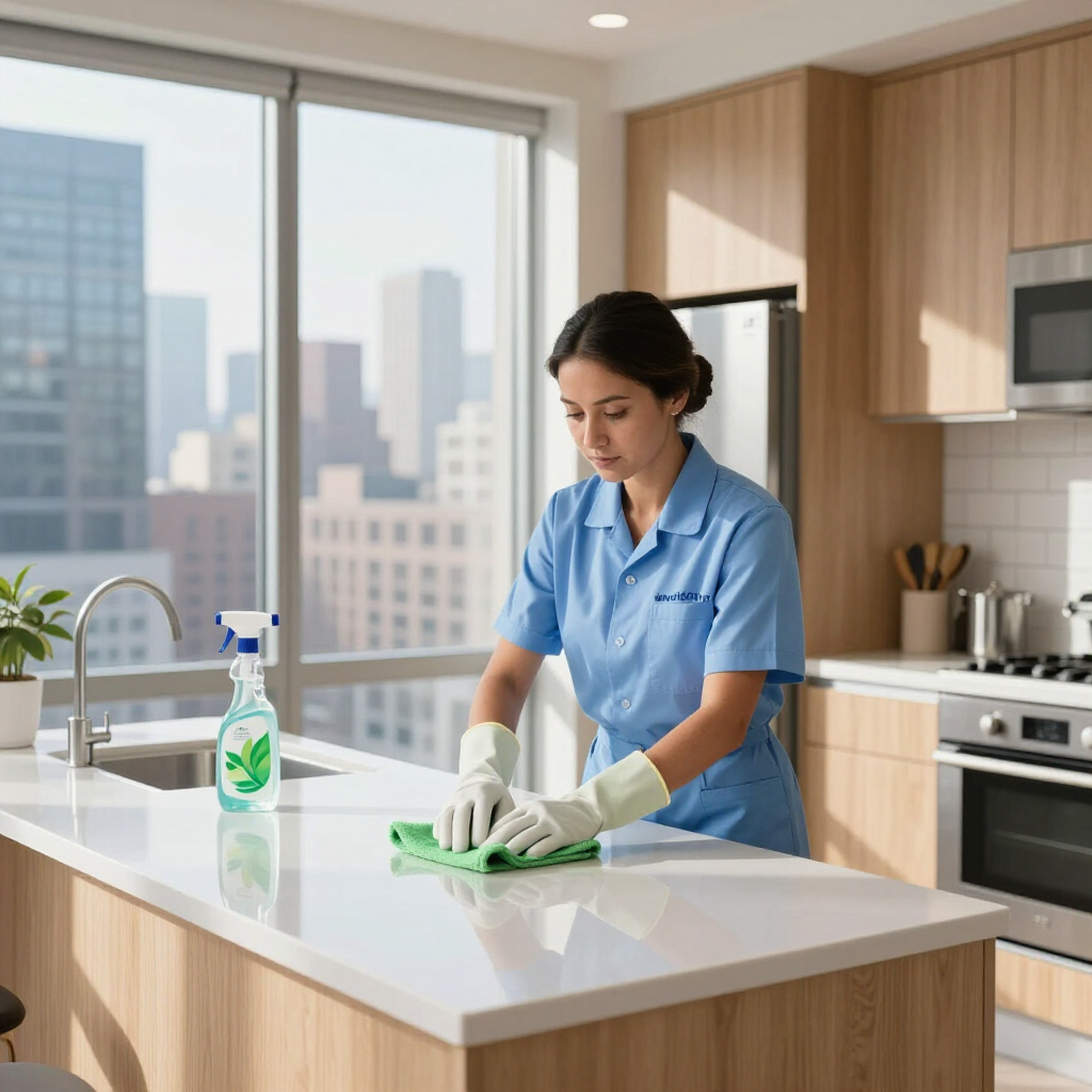 Cleaner wiping a kitchen island with spray cleaner in a bright modern kitchen