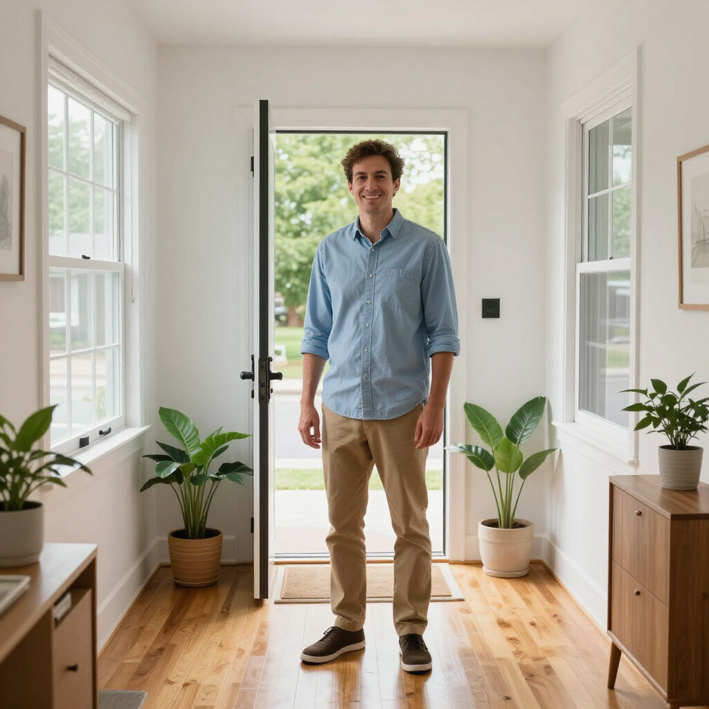 Man standing in a bright doorway of a modern home with potted plants and natural wood floors