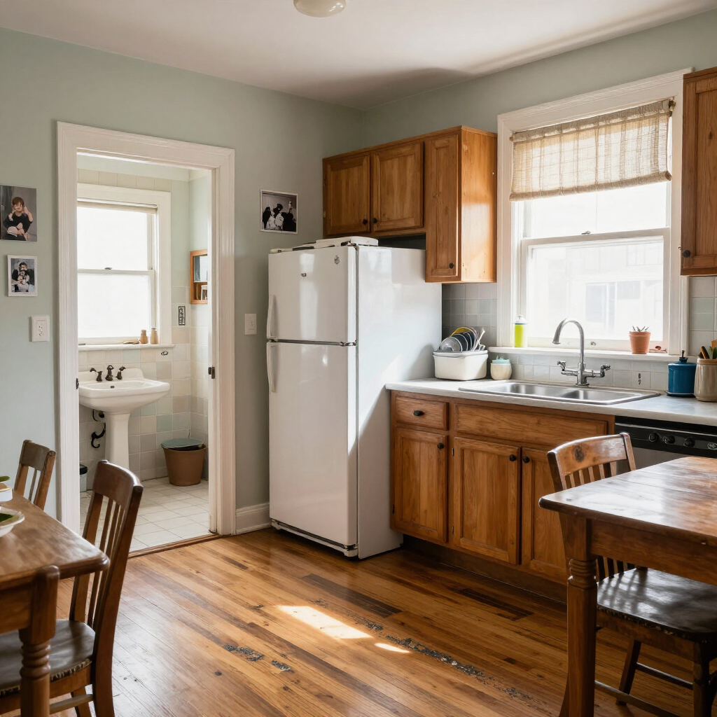 Small kitchen with white refrigerator, wooden cabinets, sink by window, and adjacent dining area