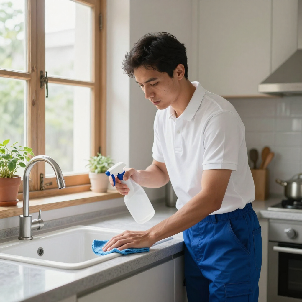 Person cleaning a kitchen sink and countertop with a spray bottle and cloth.