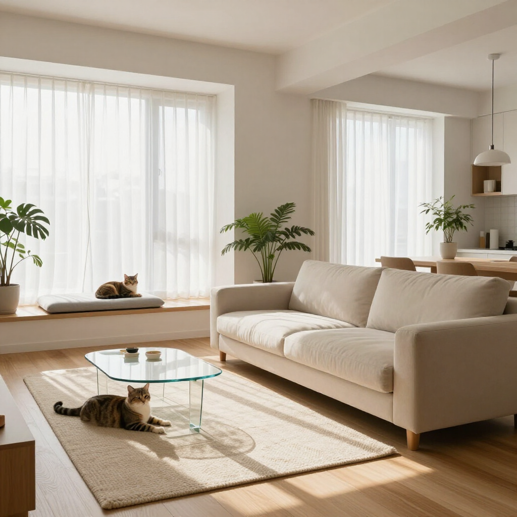 Bright living room with beige sofa, glass coffee table, cats on rug and window seat, soft natural light