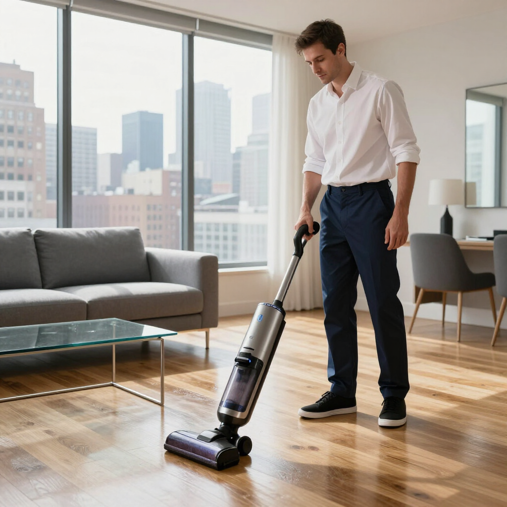 Man vacuuming a hardwood floor in a bright modern living room with a gray sofa and city view