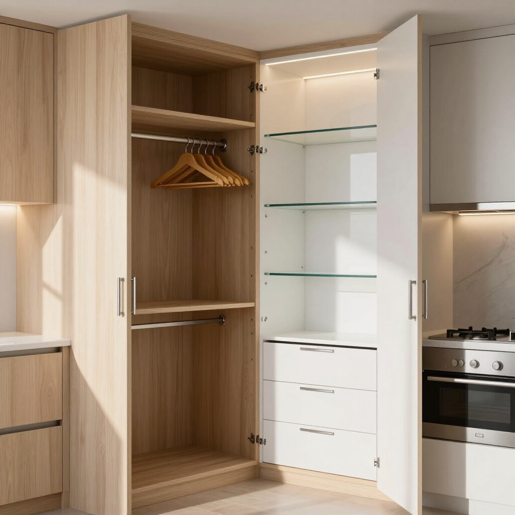 Modern kitchen with open pantry cabinets, shelves, hanging clothes, and a small drawer unit