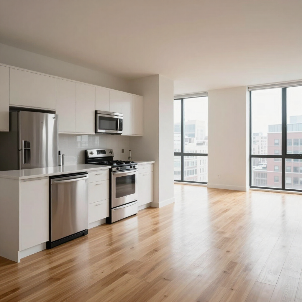 Modern empty apartment kitchen with stainless steel appliances, wood floors, and large windows with city views