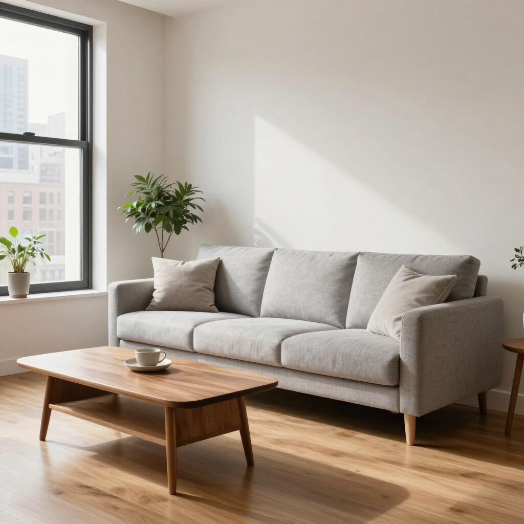 Bright living room with a gray sofa, wooden coffee table, potted plant, and sunlight from a large window.