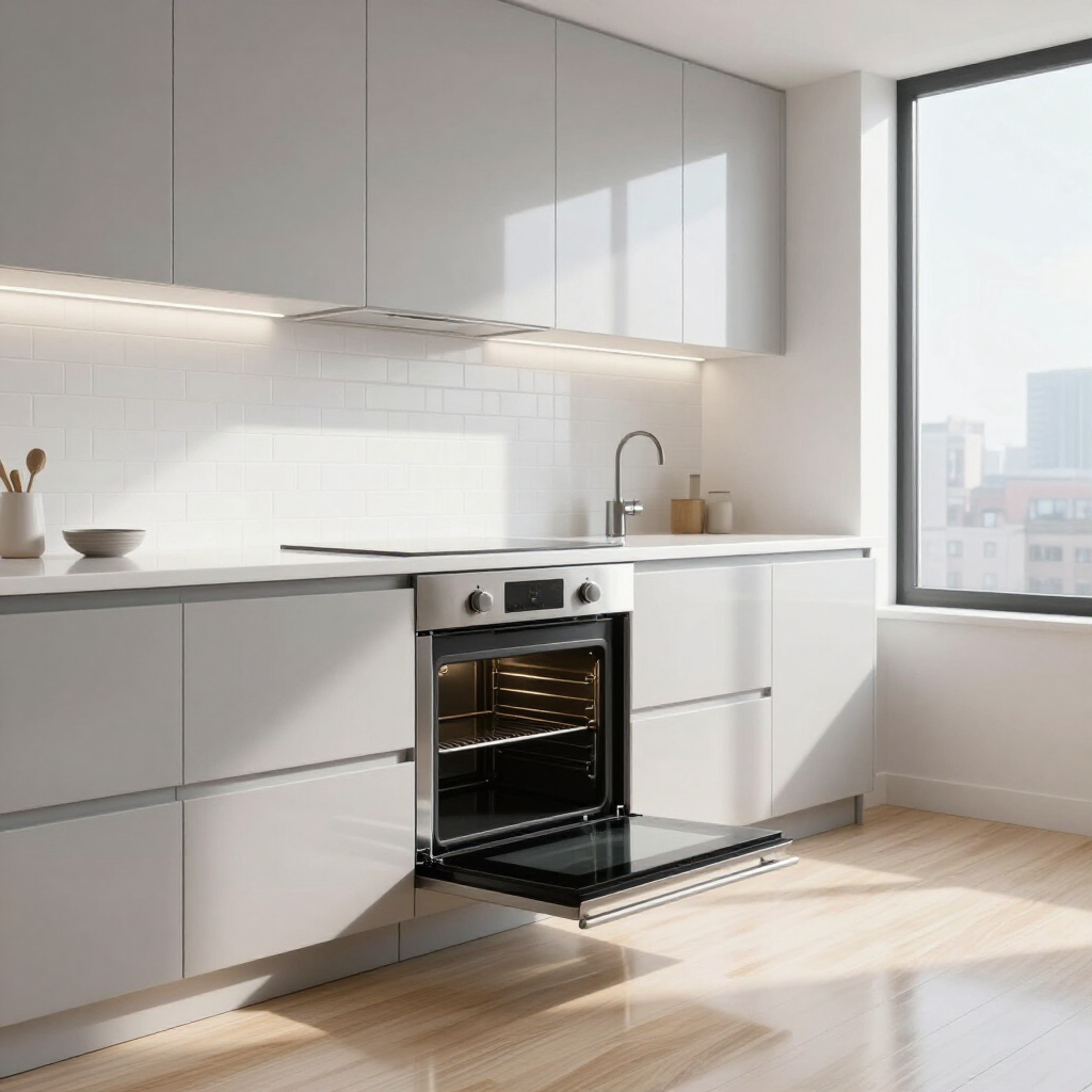 Bright modern kitchen with white cabinets, built-in oven open, and sunlight by a large window