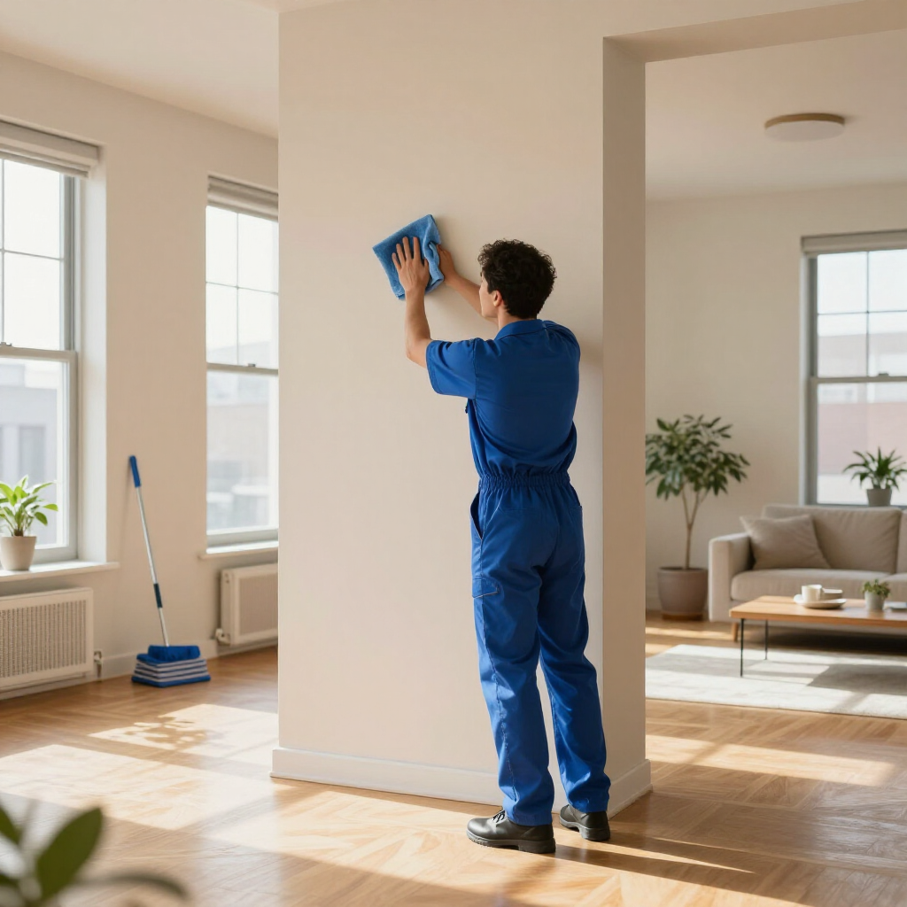 Person cleaning a white wall with a blue cloth in a bright living room, near windows and a sofa
