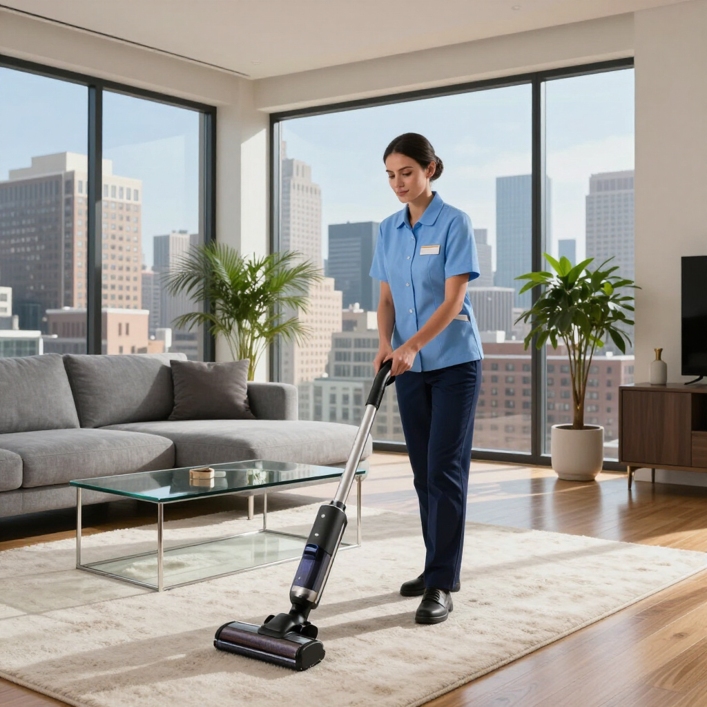 Person vacuuming a bright living room with large windows and city view