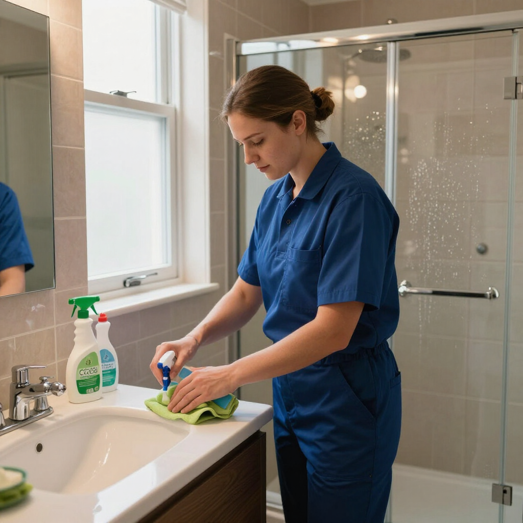 Person in blue uniform cleaning a bathroom sink with spray and cloth near a shower stall