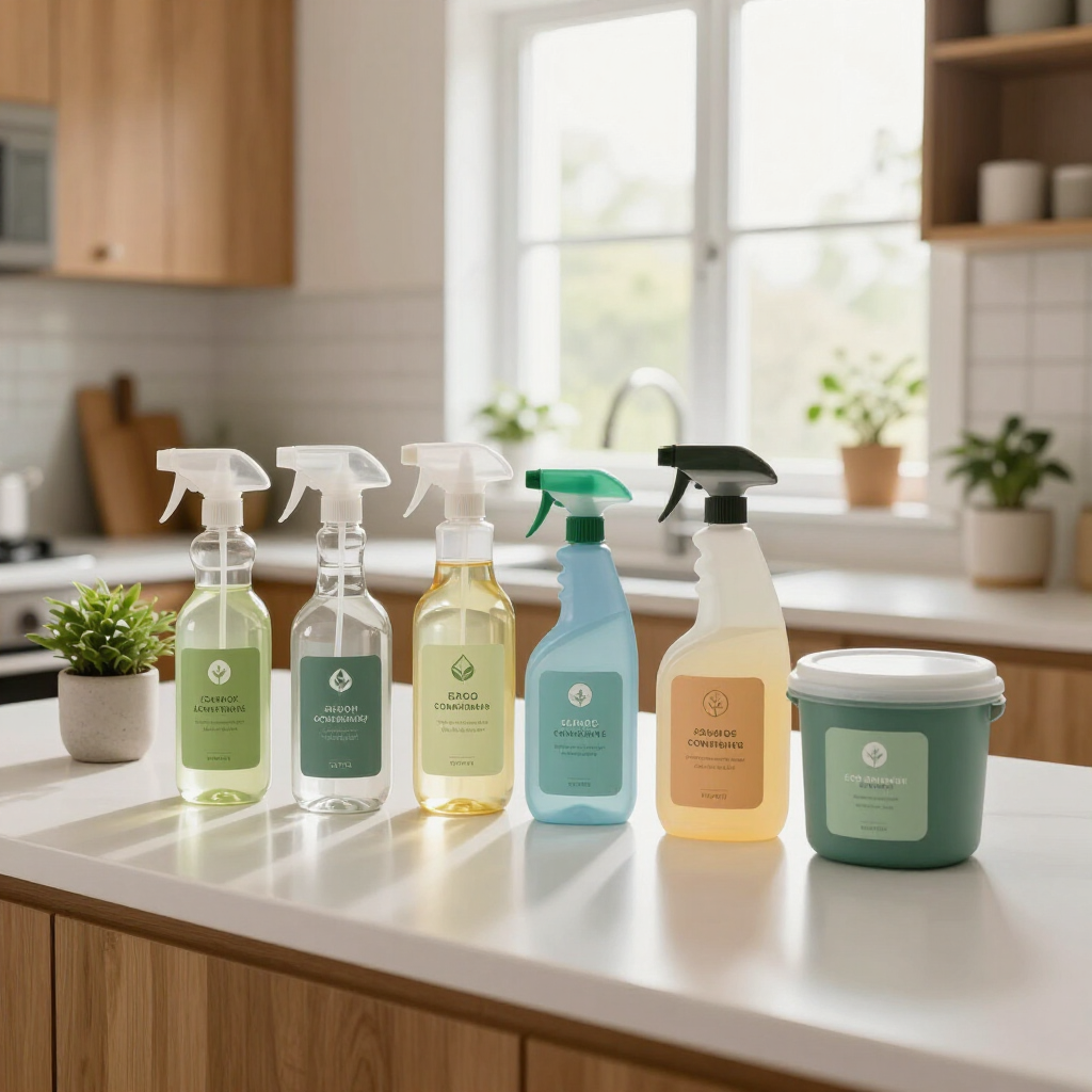 Eco-friendly cleaning spray bottles and a detergent tub on a kitchen countertop by a bright window.