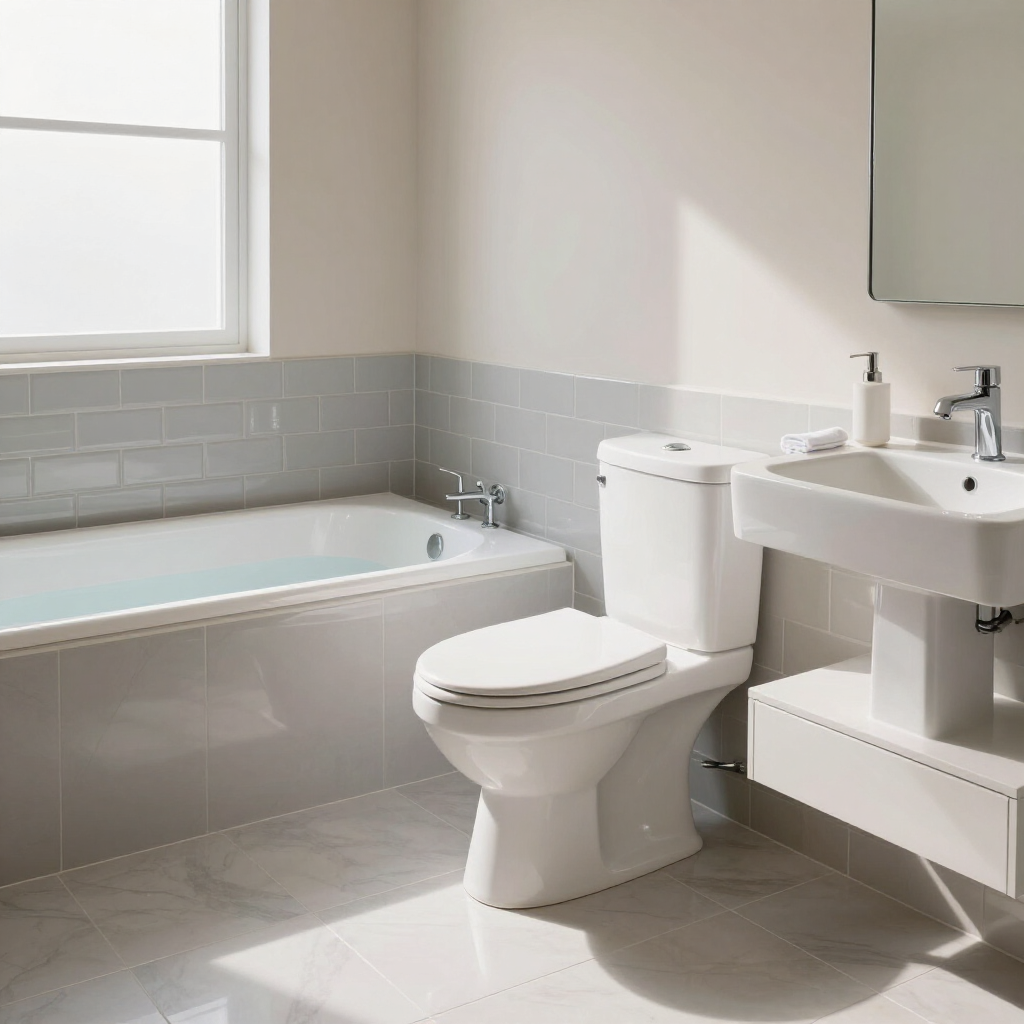 Modern white bathroom with bathtub, toilet, sink, and light gray tile walls